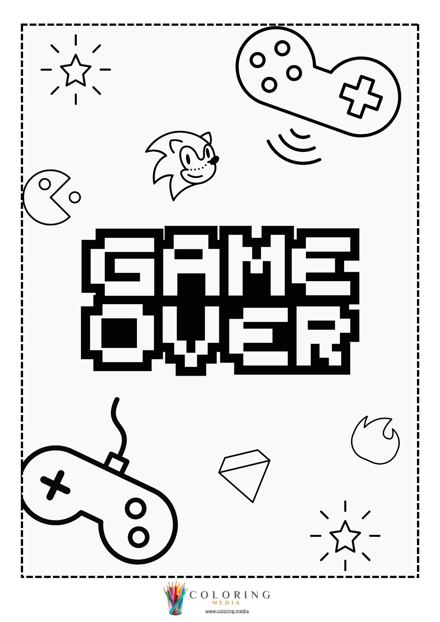 Retro video games coloring page with 8-bit character