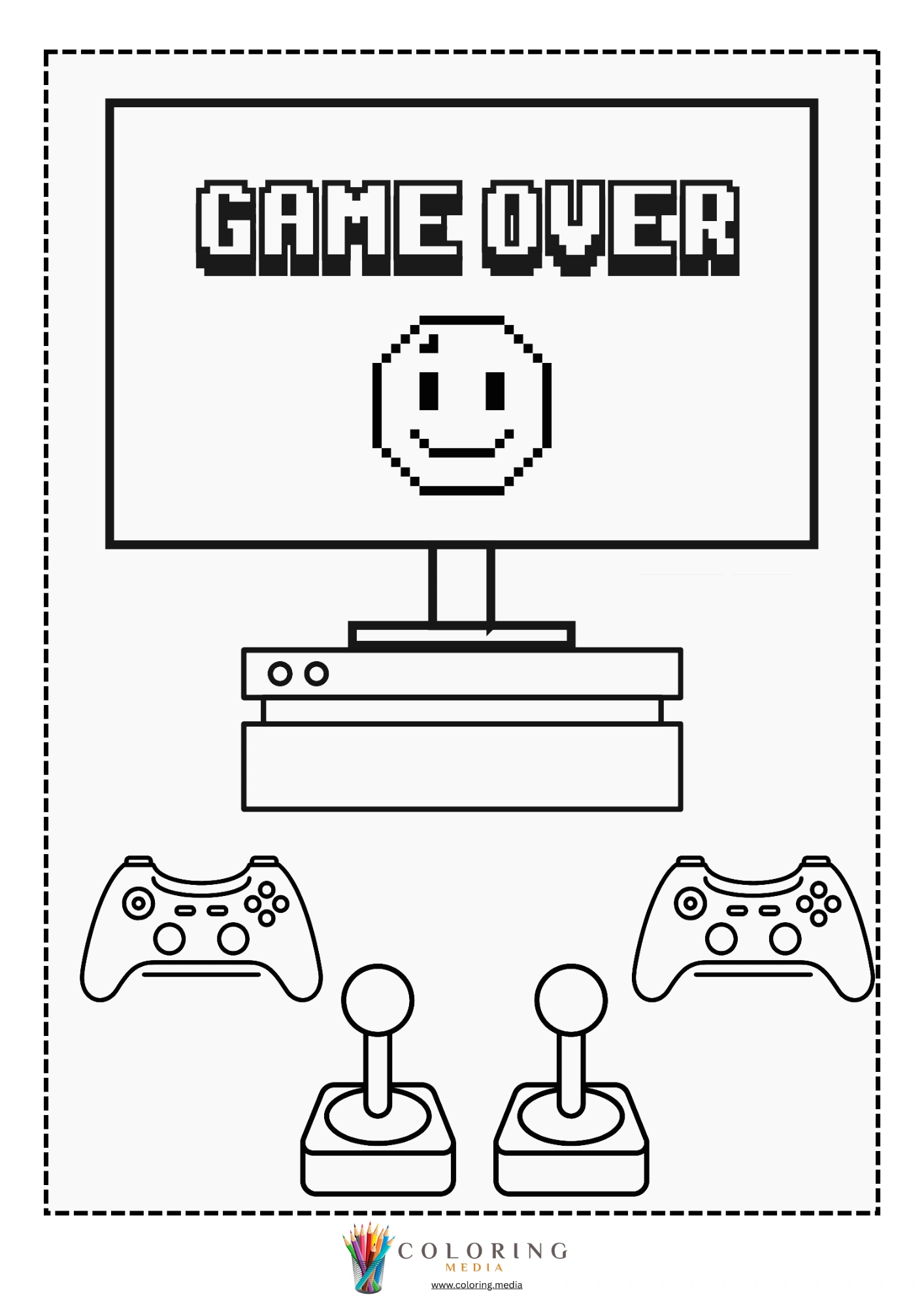 Retro video games coloring page with joystick and buttons